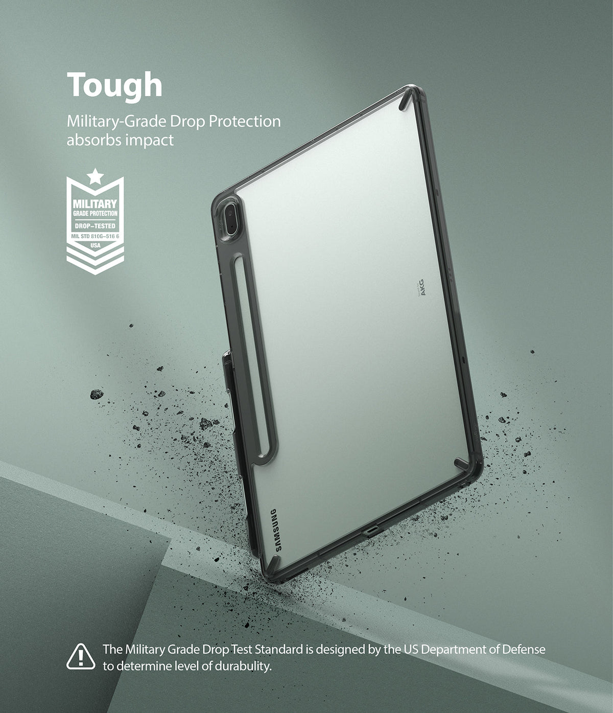 Galaxy Tab S7 FE Case | Fusion - A clear tablet case with a black frame and stylus holder against a dusty, sage green background.