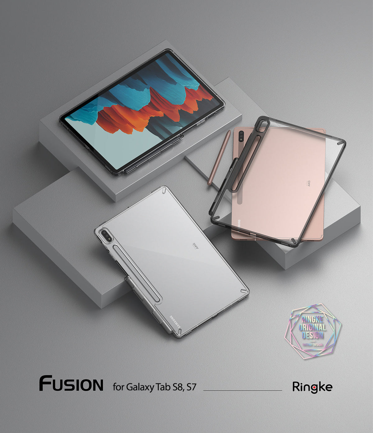 Galaxy Tab S8 / Tab S7 Case | Fusion - Clear protective cases on tablets with S Pens displayed on grey platforms.