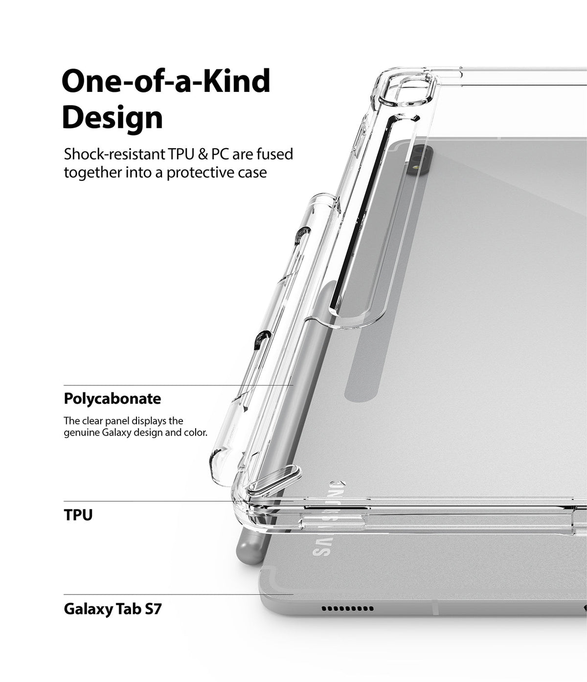 Galaxy Tab S8 / Tab S7 Case | Fusion - Clear protective case on a tablet with labels highlighting TPU and polycarbonate.