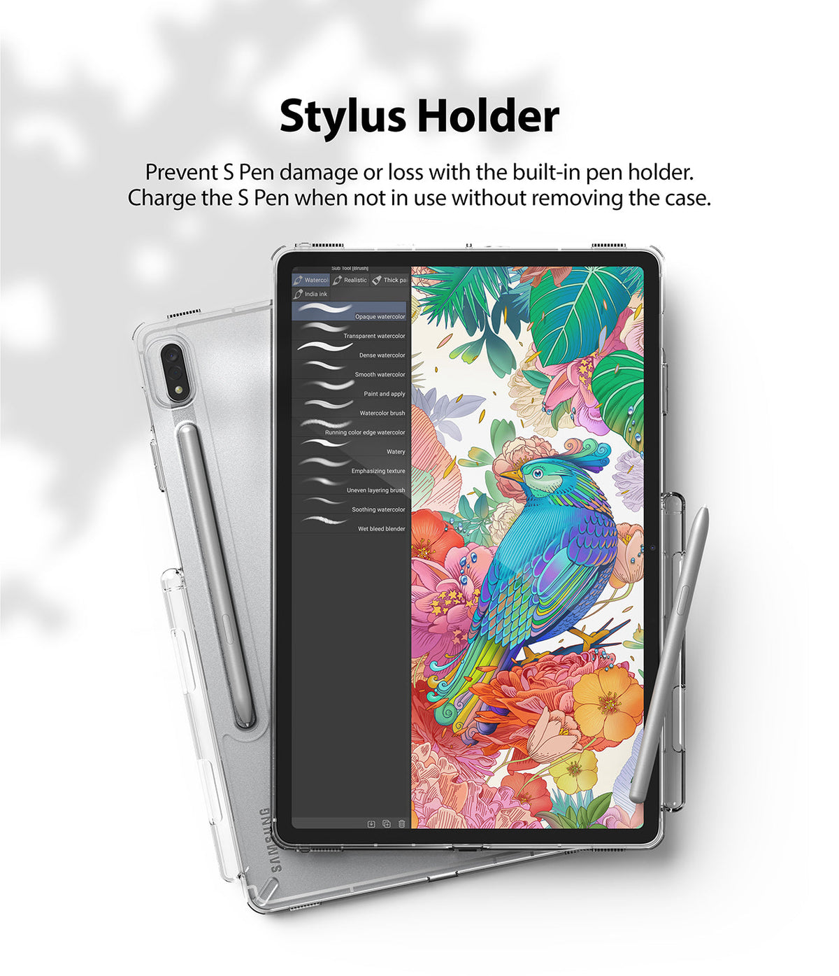 Galaxy Tab S8 / Tab S7 Case | Fusion - Clear tablet case with a built-in S Pen holder and a stylus charging slot.