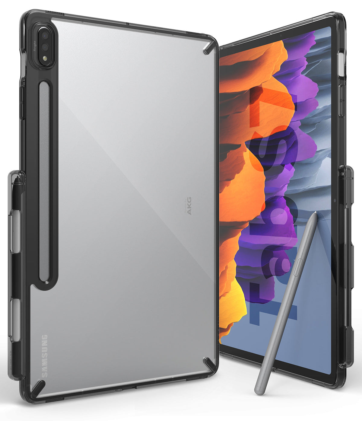 Galaxy Tab S8 / Tab S7 Case | Fusion - Clear protective case with black frame and S Pen holder on a Samsung tablet.