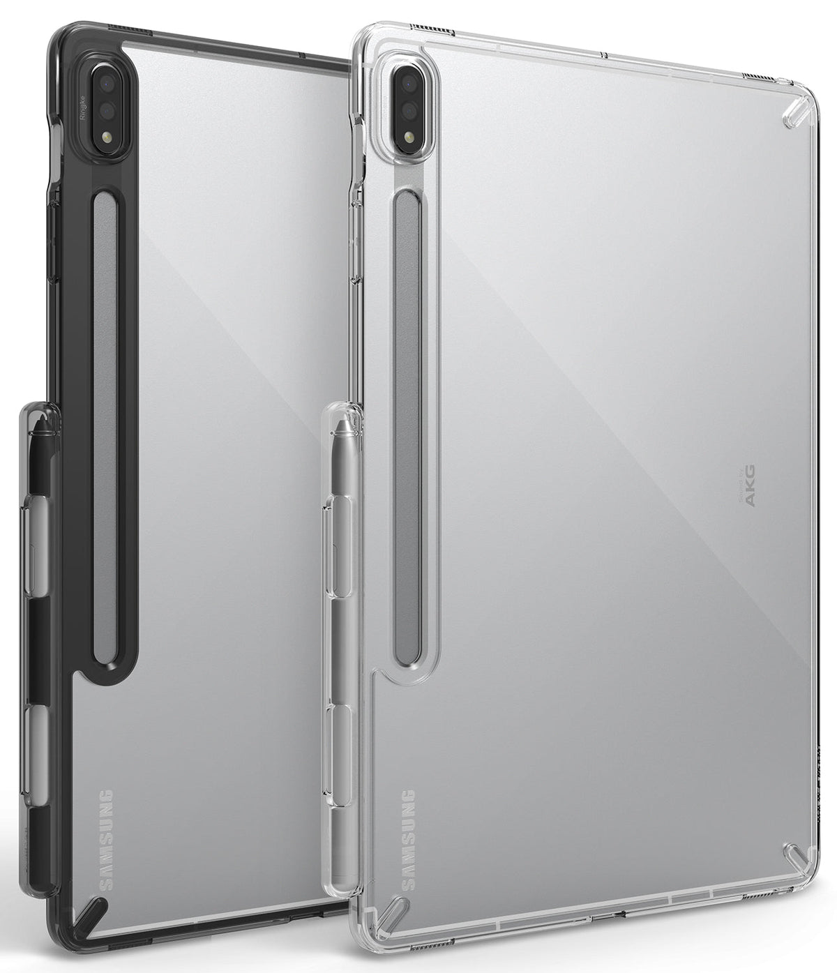 Galaxy Tab S8 / Tab S7 Case | Fusion - Two transparent tablet cases in black and clear, featuring integrated S Pen holders.