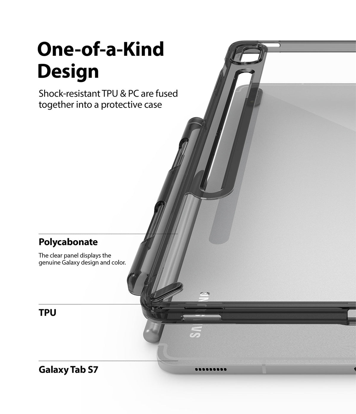 Galaxy Tab S8 / Tab S7 Case | Fusion - Transparent protective case on a tablet with labeled TPU and polycarbonate parts.