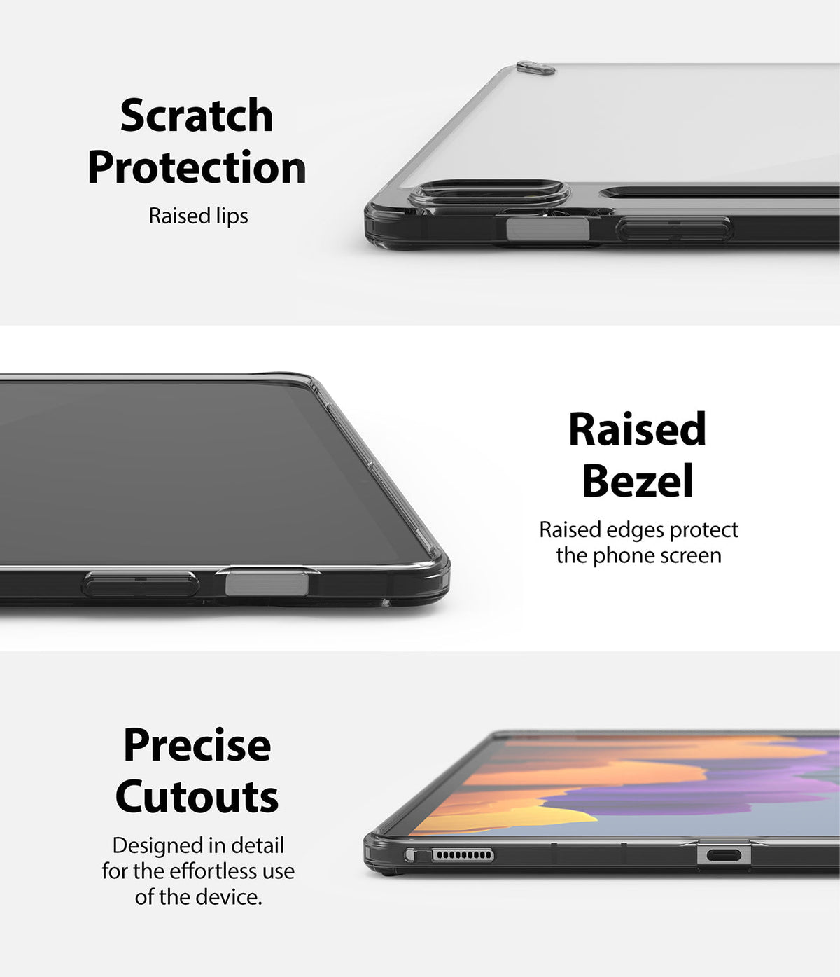 Galaxy Tab S8 / Tab S7 Case | Fusion - Close-up views of tablet case features including raised lips, bezels, and precise cutouts.