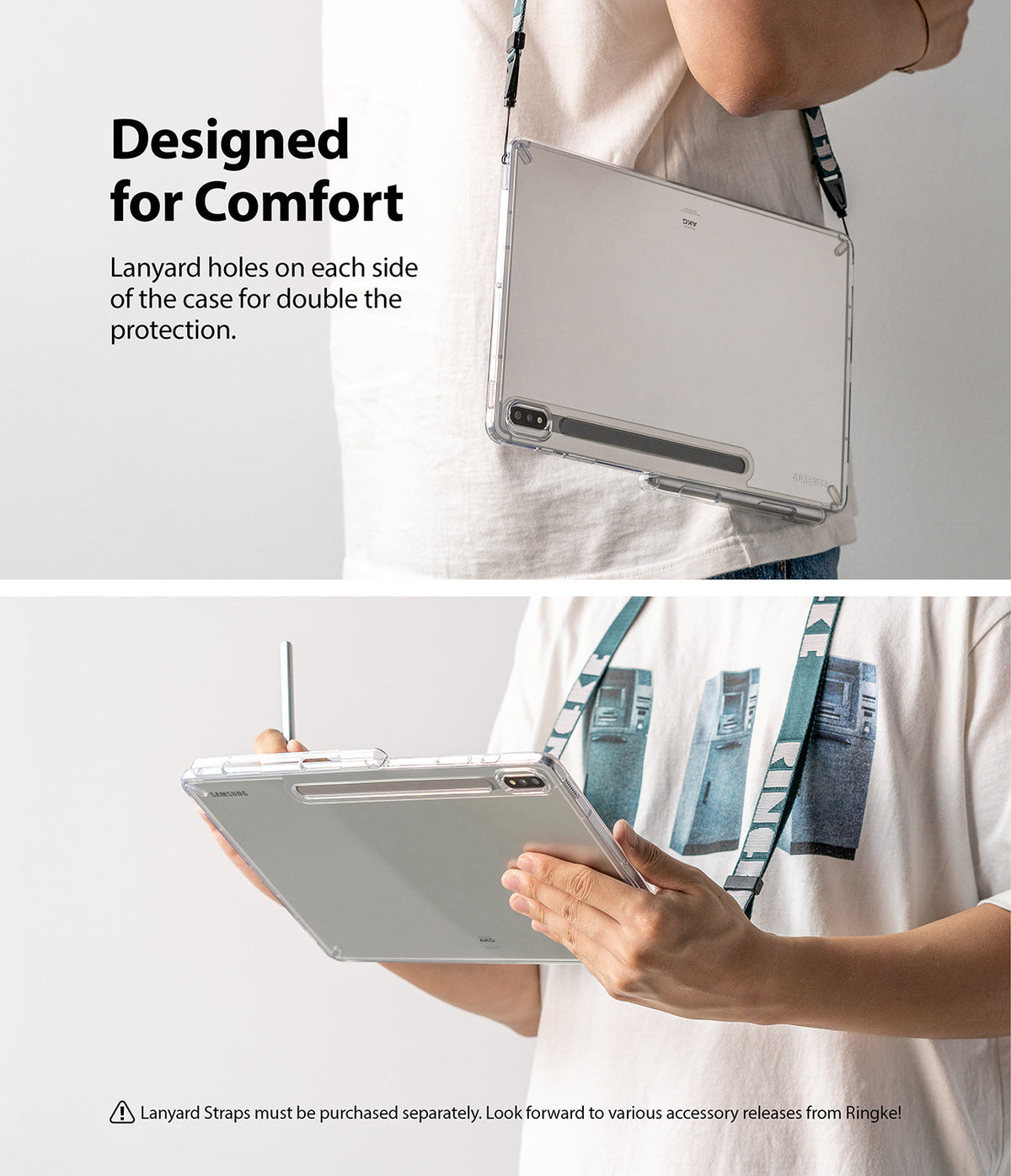 Galaxy Tab S8 / Tab S7 Case | Fusion - Clear tablet case with lanyard holes worn over the shoulder with a strap.