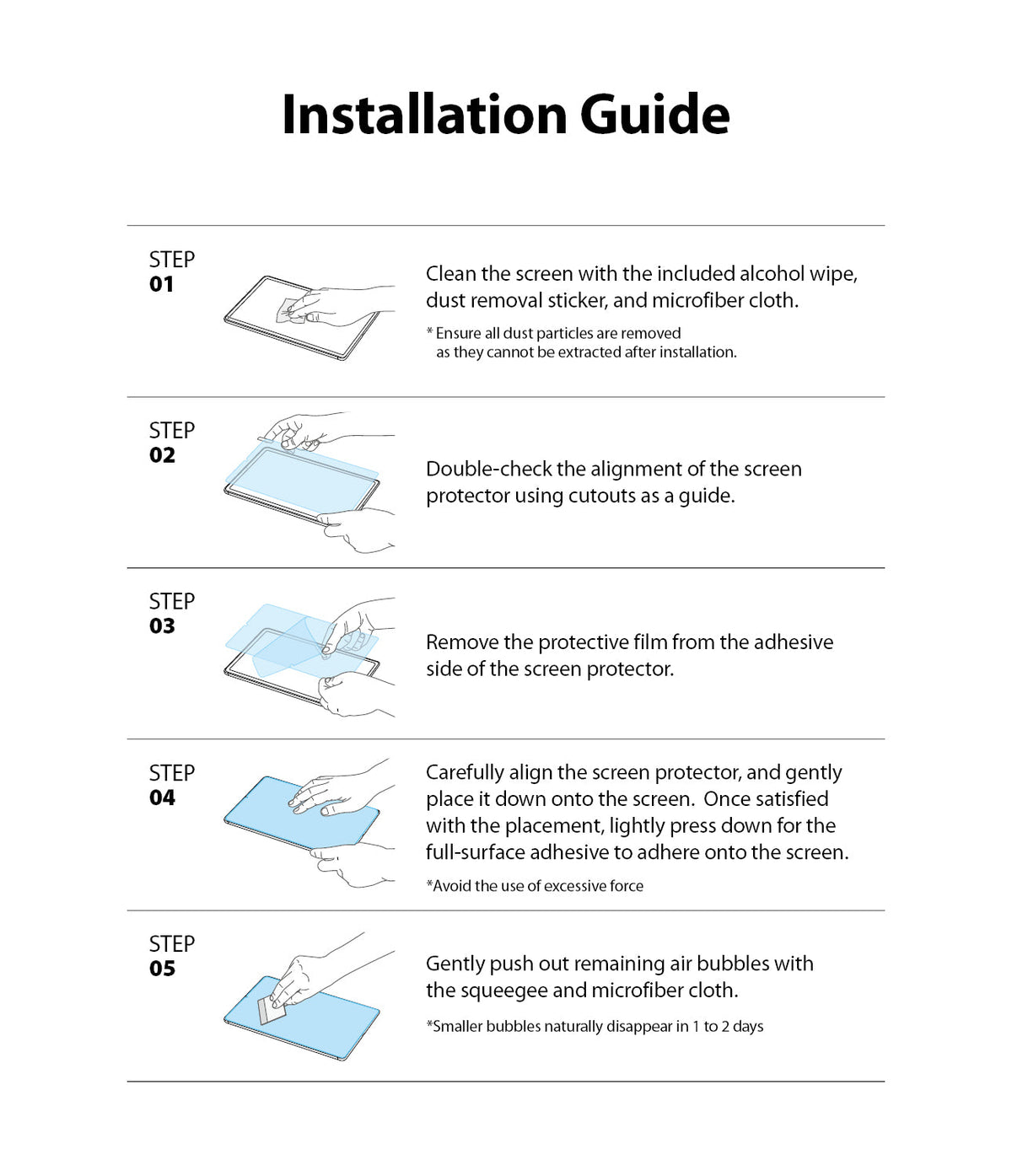 Galaxy Tab S9 / Tab S9 FE / Tab S8 / Tab S7 | Invisible Defender Glass - Five-step illustrated guide for screen protector installation.