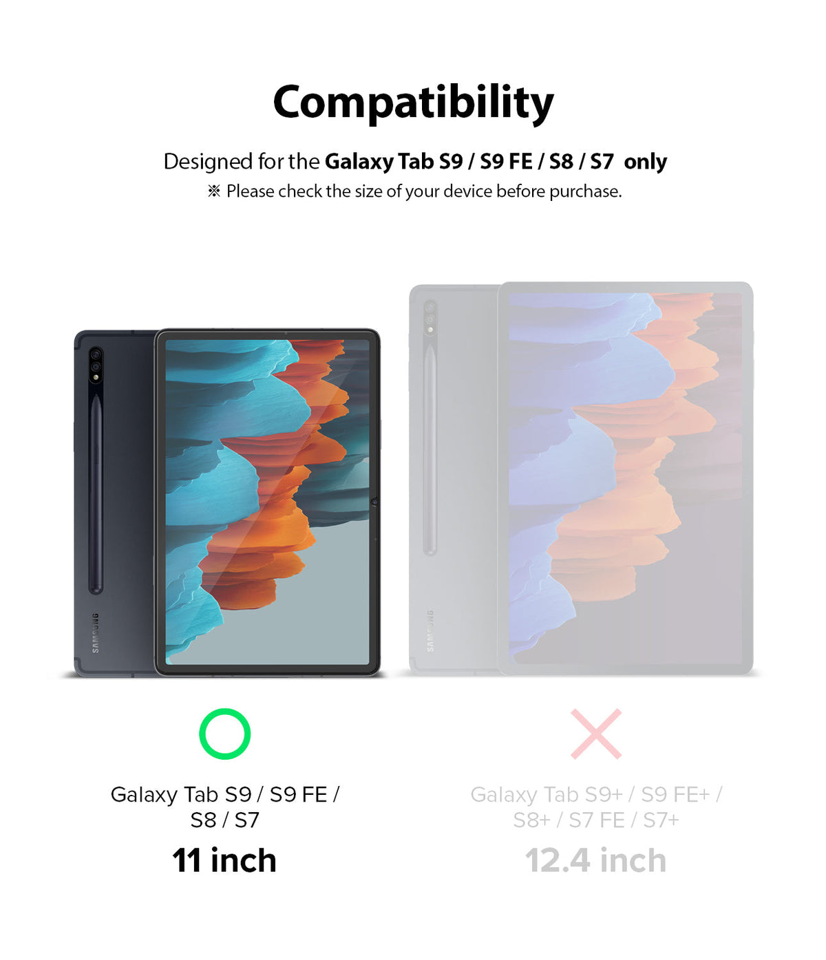 Galaxy Tab S9 / Tab S9 FE / Tab S8 / Tab S7 | Invisible Defender Glass - Compatibility chart comparing 11-inch tablets.