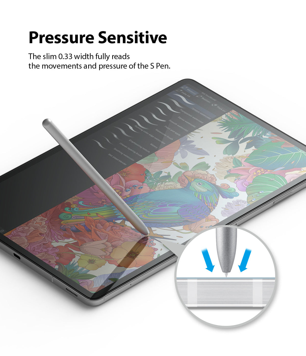 Galaxy Tab S9 / Tab S9 FE / Tab S8 / Tab S7 | Invisible Defender Glass - S Pen drawing on tablet with pressure detail.