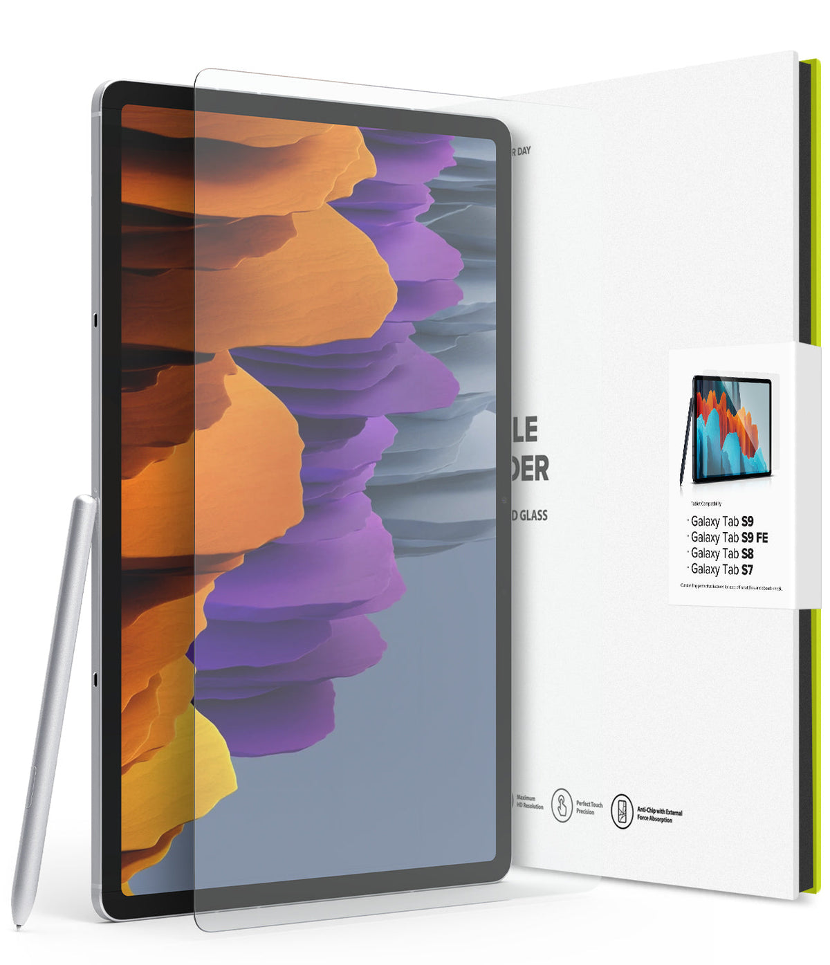 Galaxy Tab S9 / Tab S9 FE / Tab S8 / Tab S7 | Invisible Defender Glass - Tablet screen protector with stylus and box.