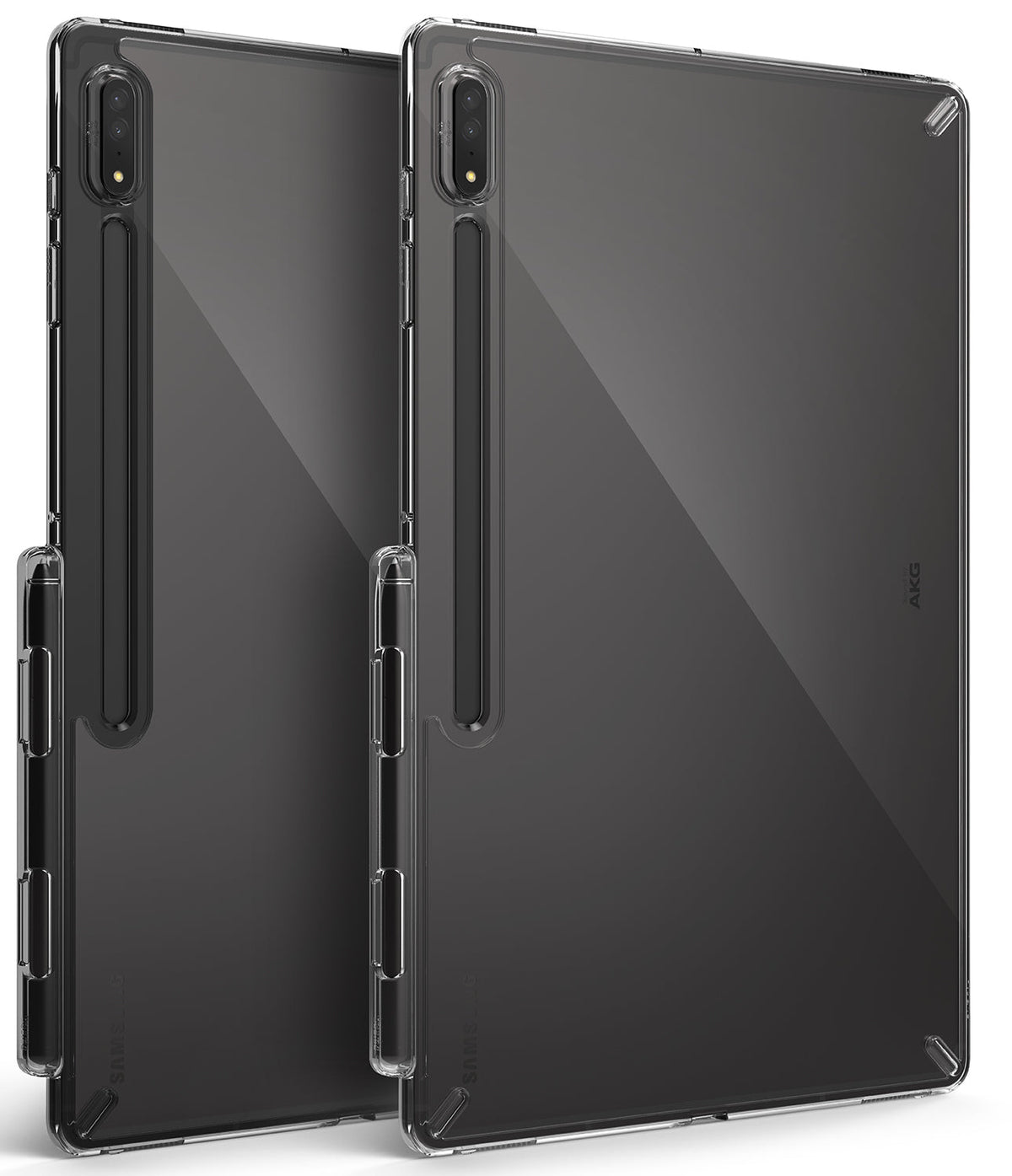 Galaxy Tab S8 Ultra Case | Fusion - Two clear protective cases for a tablet, showing rear camera cutout and stylus slot.