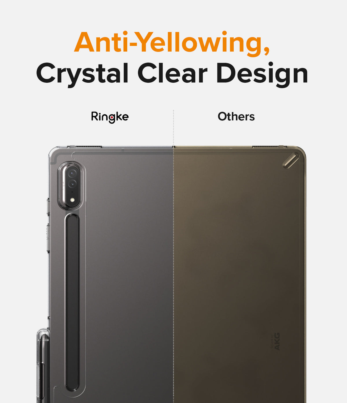 Galaxy Tab S8 Ultra Case | Fusion - Comparison showing a clear Ringke case versus a yellowed competitor case on a tablet.