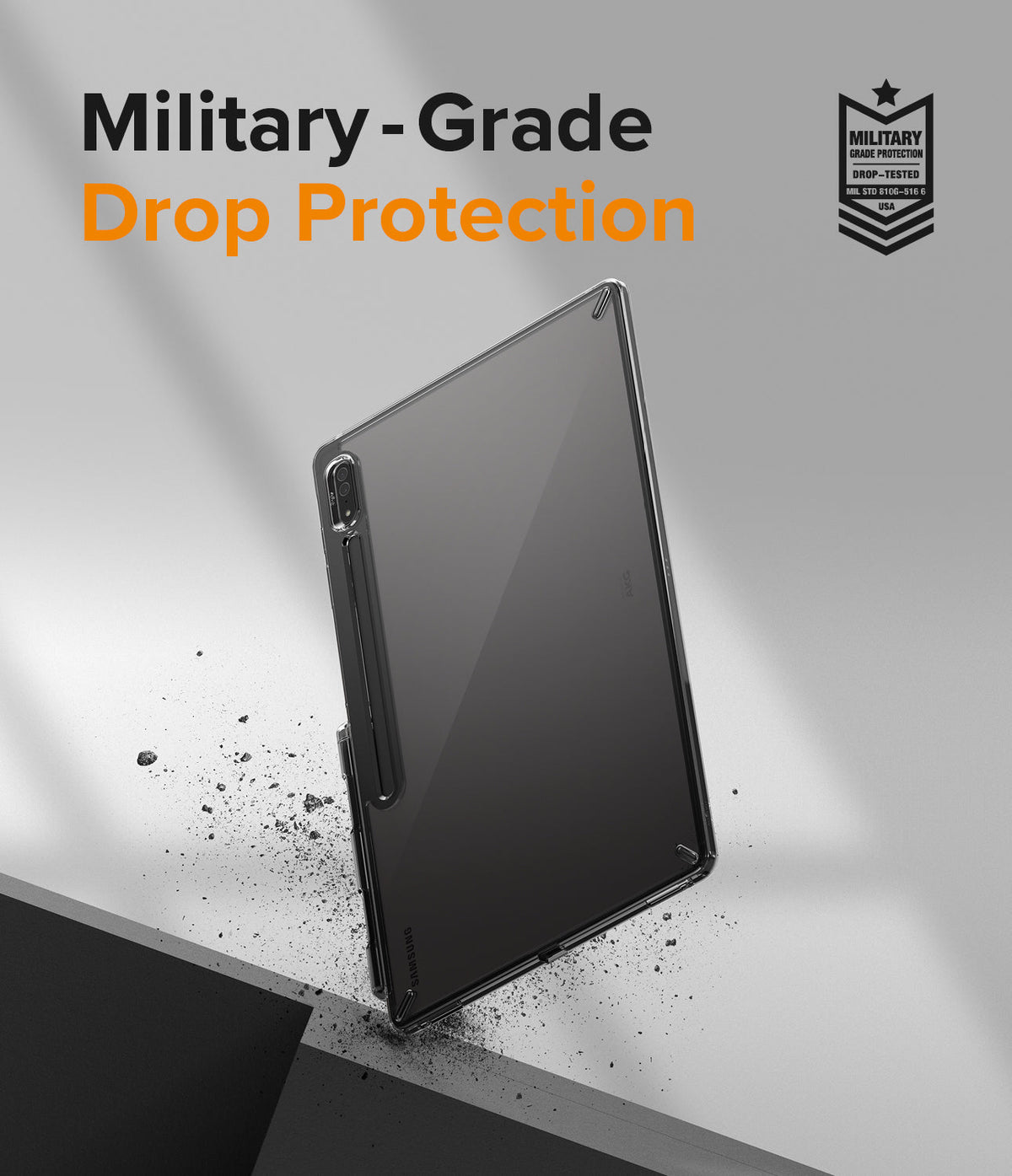 Galaxy Tab S8 Ultra Case | Fusion - Clear tablet case with stylus holder, featuring military-grade drop protection text.