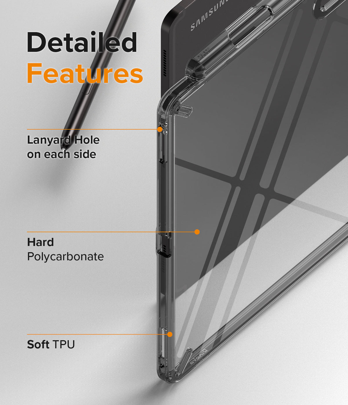 Galaxy Tab S8 Ultra Case | Fusion - Close-up of tablet case highlighting lanyard holes, hard polycarbonate, and soft TPU features.