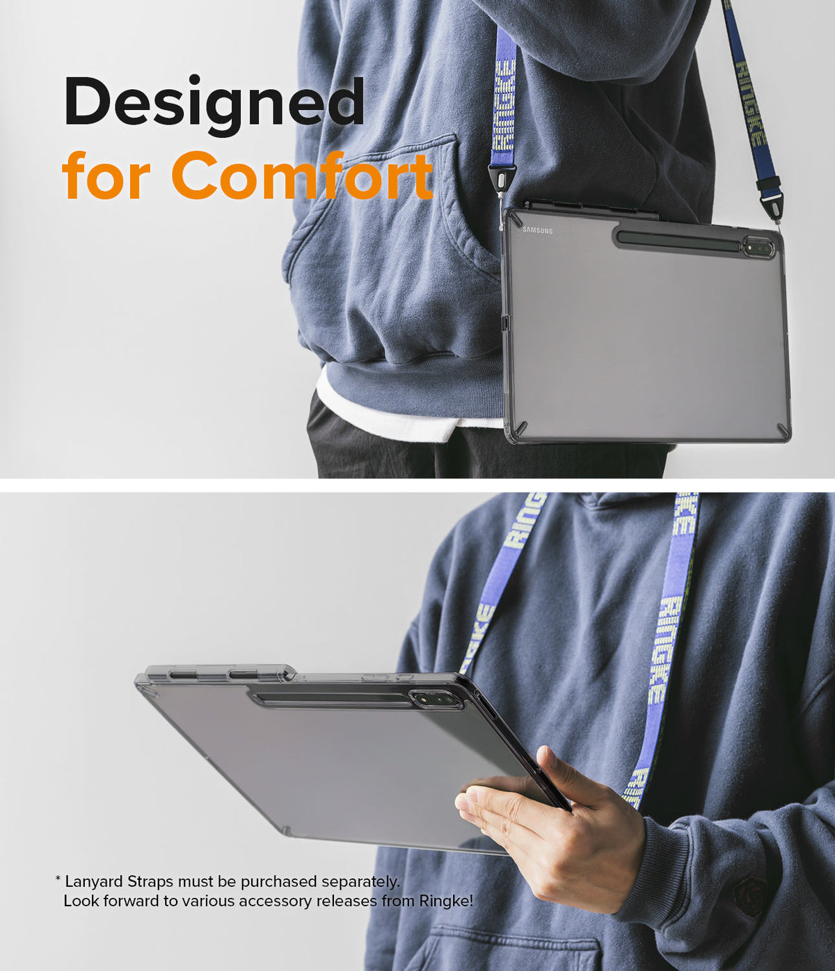 Galaxy Tab S8 Ultra Case | Fusion - A person wearing a blue hoodie carries a tablet in a clear case using a branded lanyard.