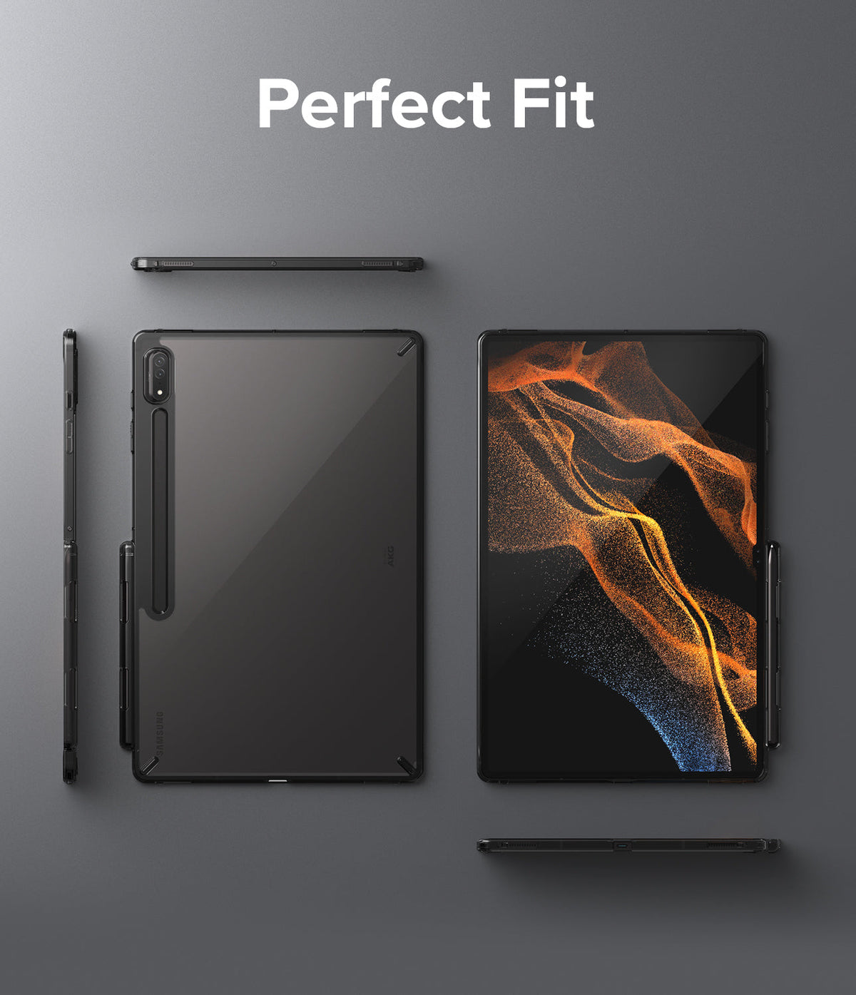 Galaxy Tab S8 Ultra Case | Fusion - Tablet in a black case shown from multiple angles with a stylus attached.
