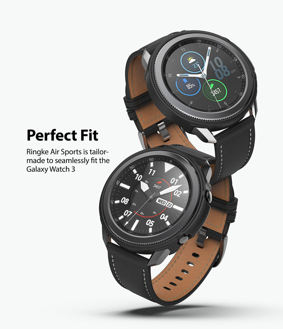 Galaxy Watch 3 45mm Case | Air Sports - Two Galaxy Watch 3 units with black Air Sports cases and leather straps.