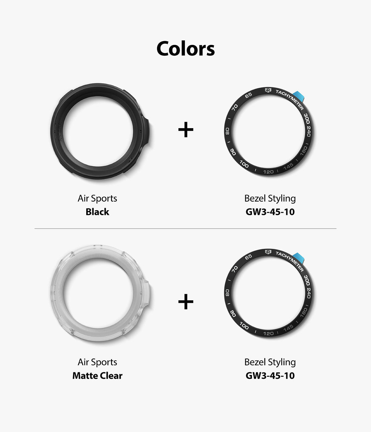 Galaxy Watch 3 45mm | Air Sports Black + Bezel Styling 10 - Black and clear Air Sports covers paired with tachymeter bezels.