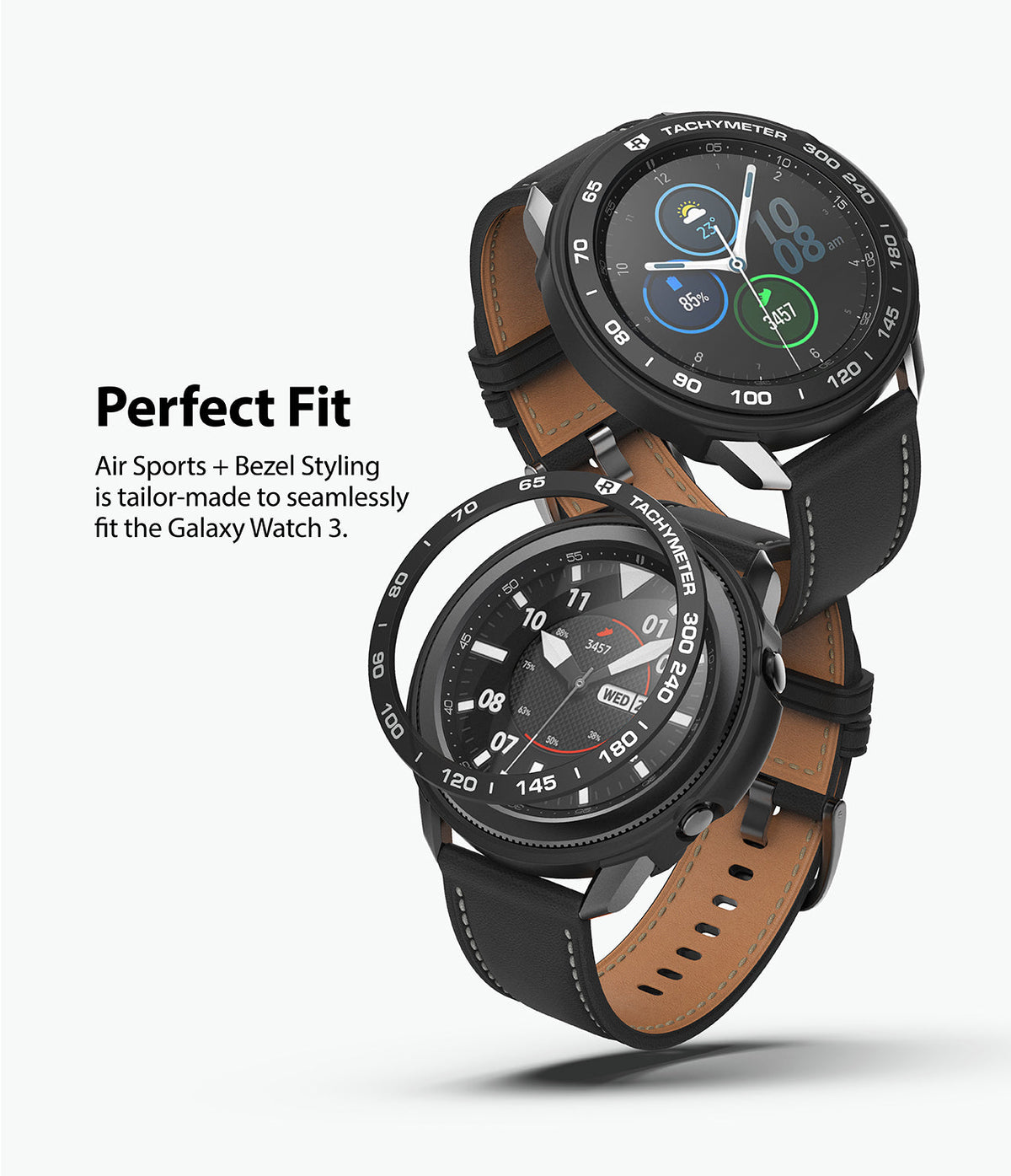 Galaxy Watch 3 45mm | Air Sports Black + Bezel Styling 10 - Galaxy Watch 3 with black leather strap and tachymeter bezel.