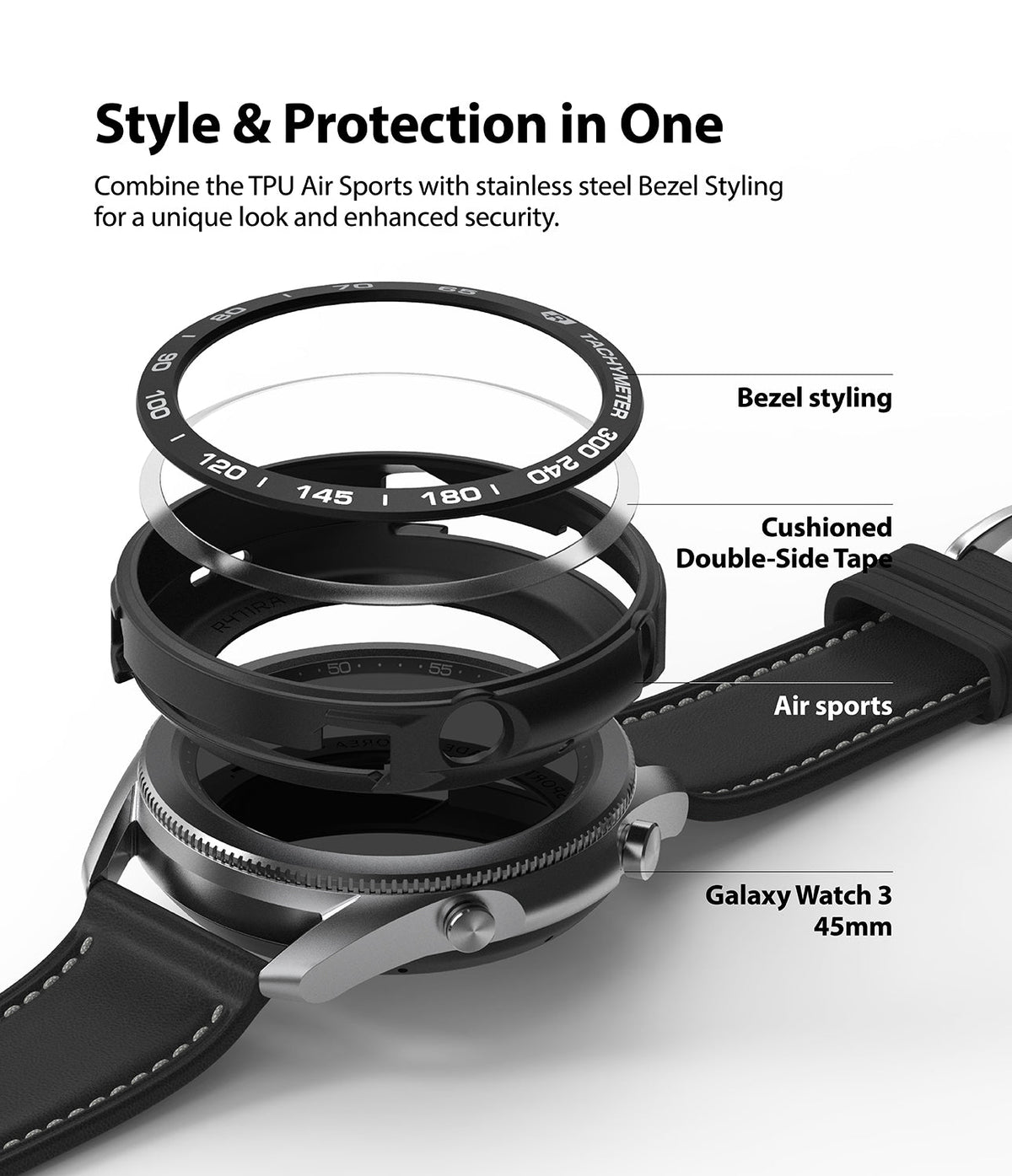 Galaxy Watch 3 45mm | Air Sports Black + Bezel Styling 10 - Exploded view of watch bezel, case, and strap components.