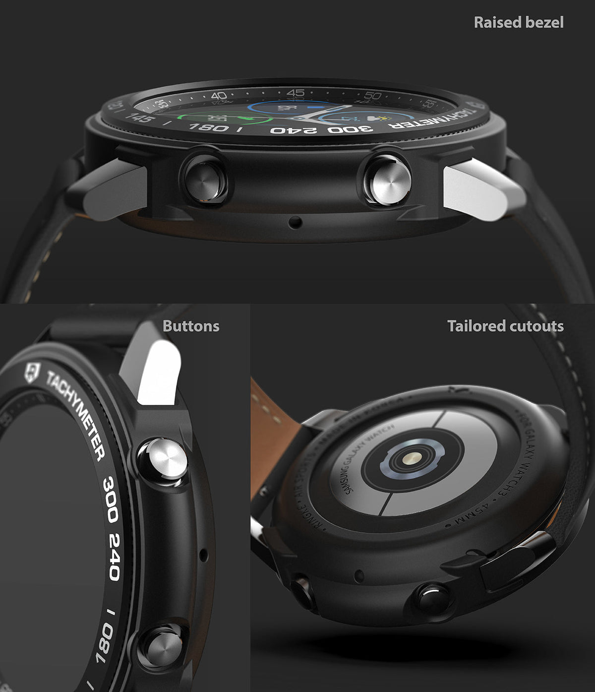 Galaxy Watch 3 45mm | Air Sports Black + Bezel Styling 10 - Close-up views of black watch bezel, buttons, and cutouts.