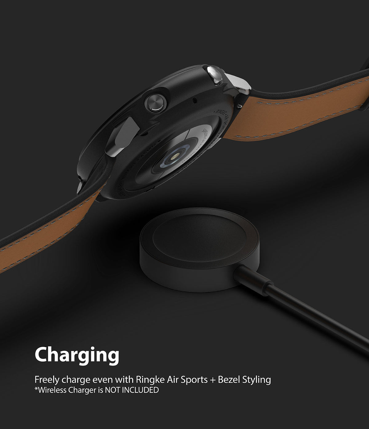 Galaxy Watch 3 45mm | Air Sports Black + Bezel Styling 10 - Black smartwatch with protective case hovering over charger.