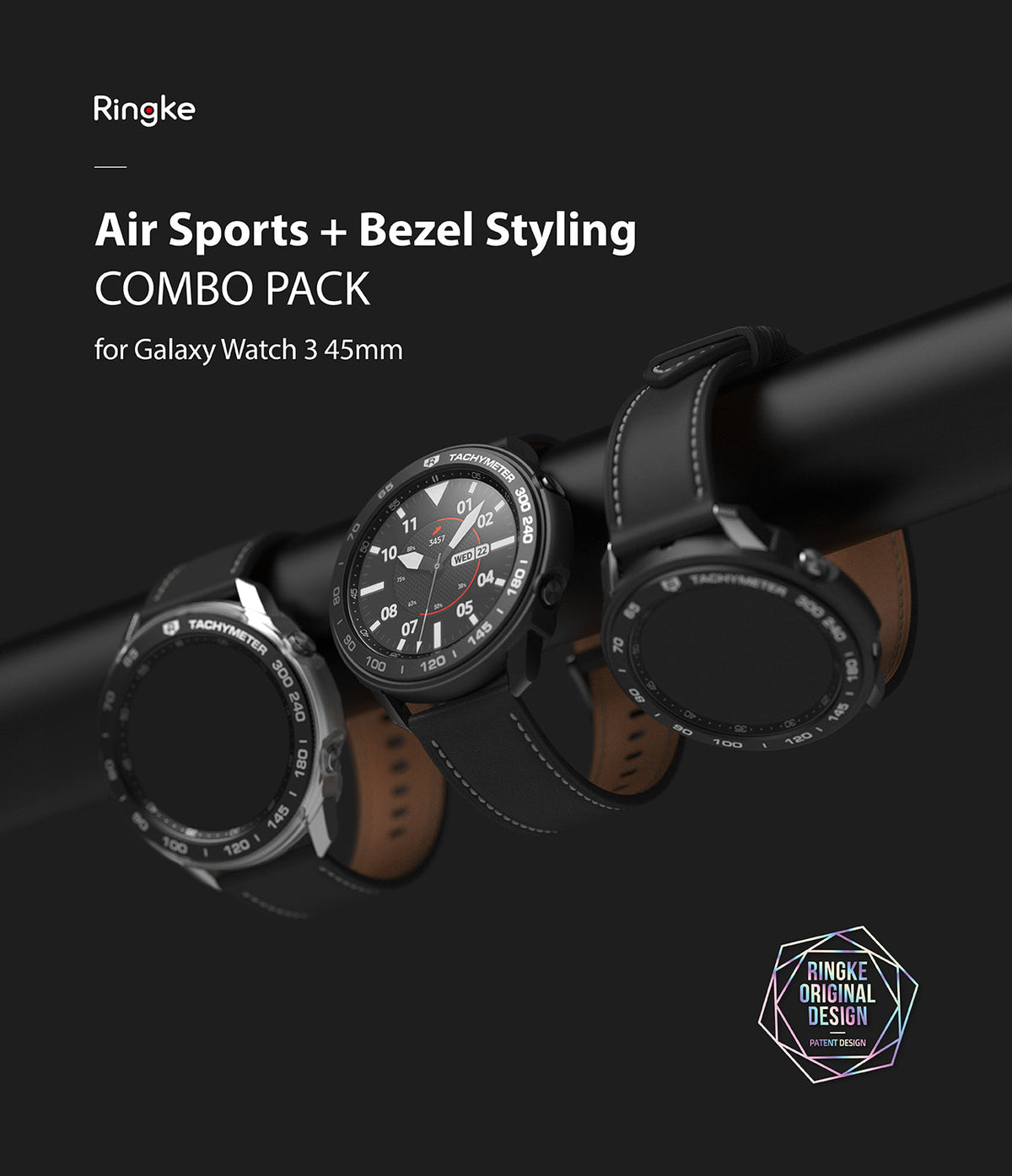 Galaxy Watch 3 45mm | Air Sports Black + Bezel Styling 10 - Three black smartwatches with tachymeter bezels on a bar.