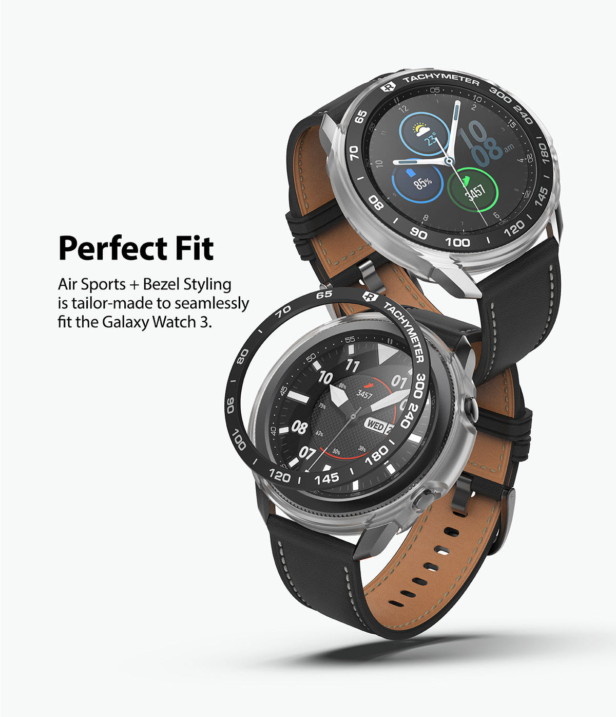 Galaxy Watch 3 45mm | Air Sports Black + Bezel Styling 10 - Two Galaxy Watch 3 units with black leather bands and bezels.