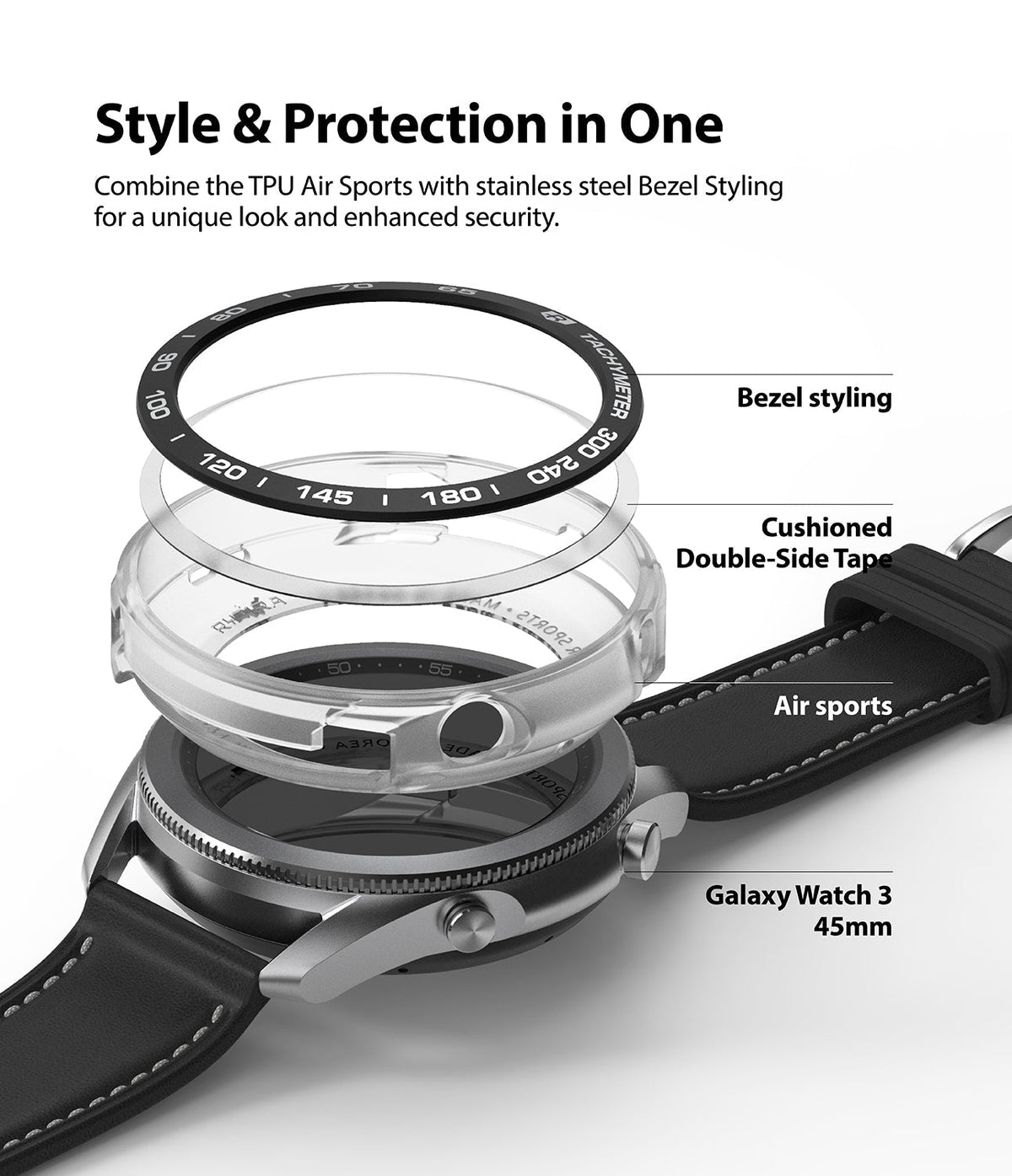 Galaxy Watch 3 45mm | Air Sports Black + Bezel Styling 10 - Exploded view of watch bezel, protective cover, and strap.