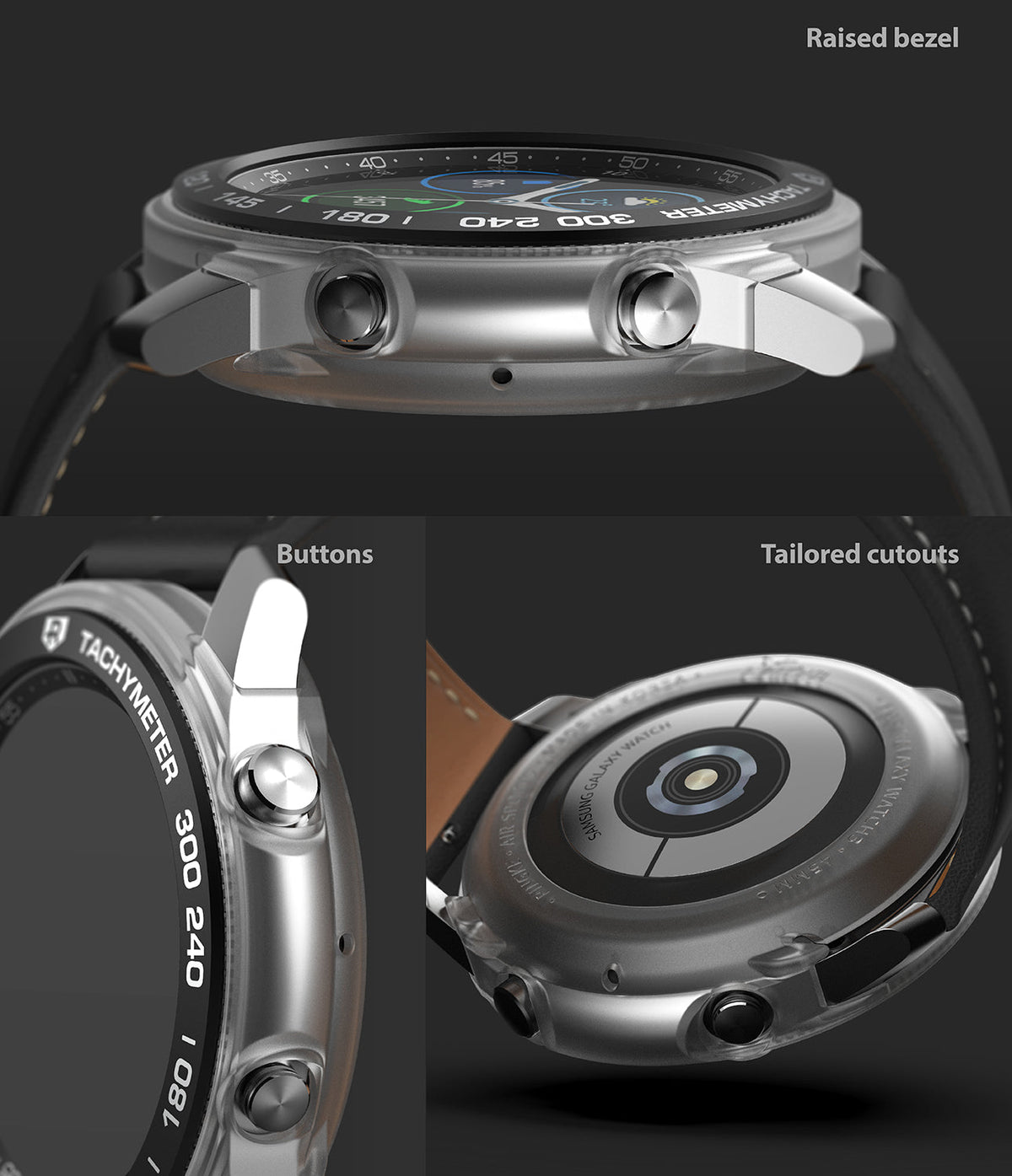 Galaxy Watch 3 45mm | Air Sports Black + Bezel Styling 10 - Three views showing watch bezel, side buttons, and back.