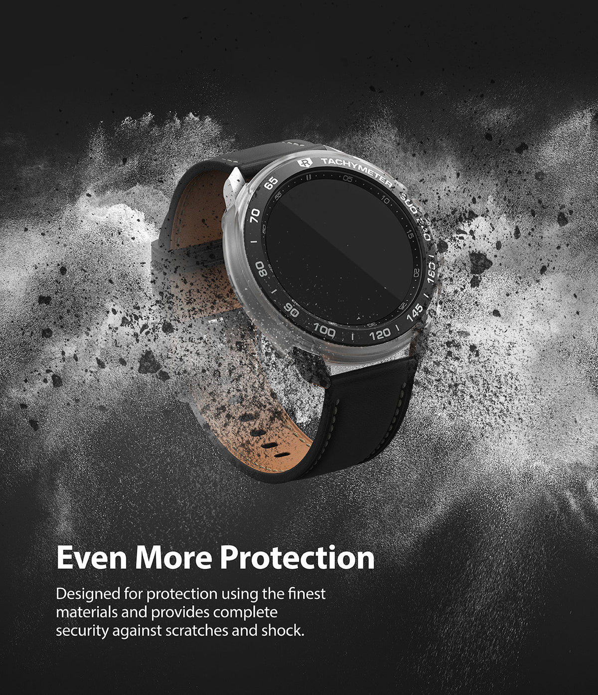 Galaxy Watch 3 45mm | Air Sports Black + Bezel Styling 10 - Smartwatch with tachymeter bezel in a cloud of dust.