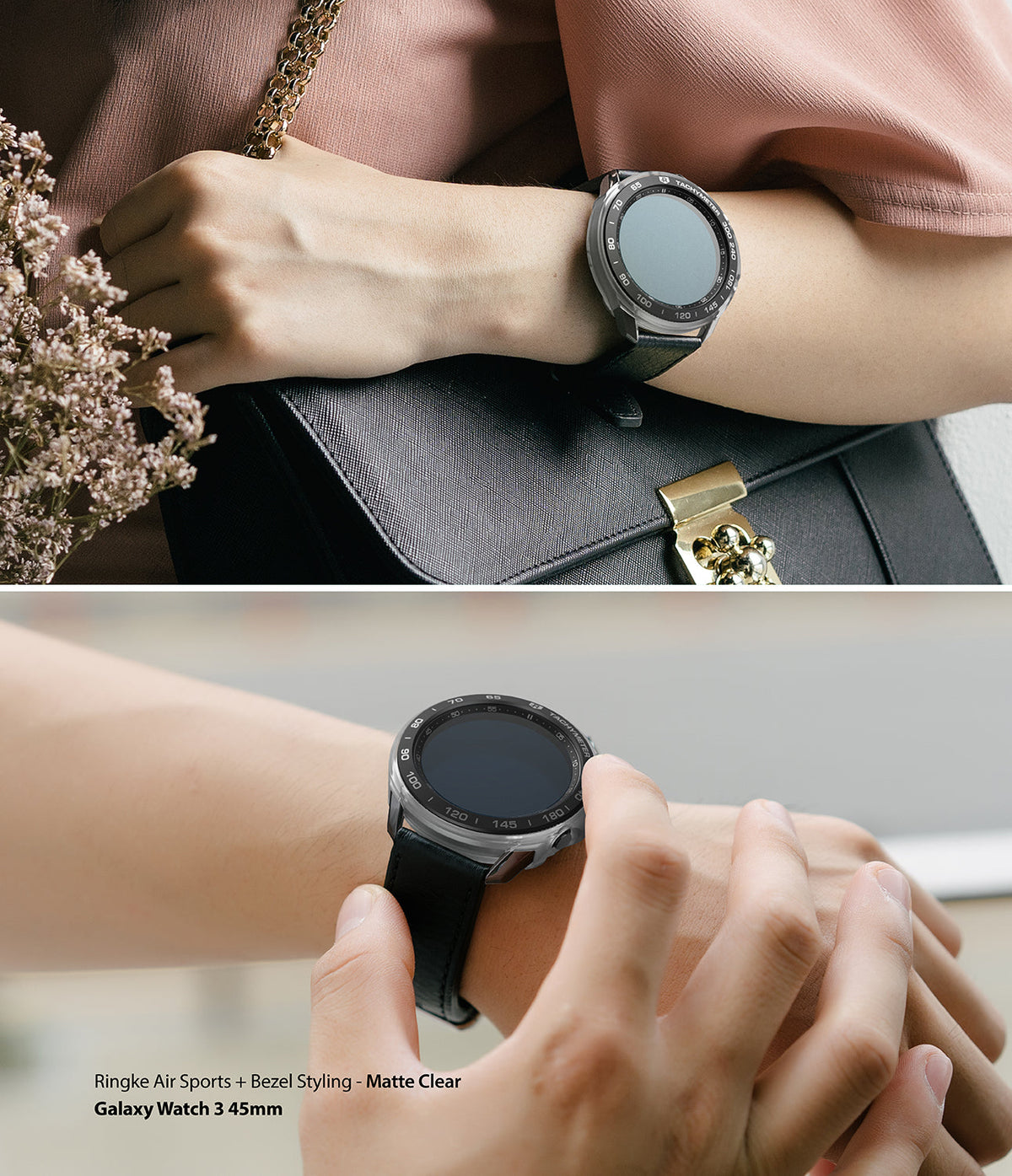 Galaxy Watch 3 45mm | Air Sports Black + Bezel Styling 10 - Galaxy Watch 3 with matte clear bezel and black strap.