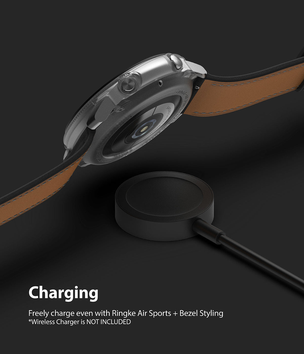 Galaxy Watch 3 45mm | Air Sports Black + Bezel Styling 10 - Smartwatch with protective cover hovering over a charger.