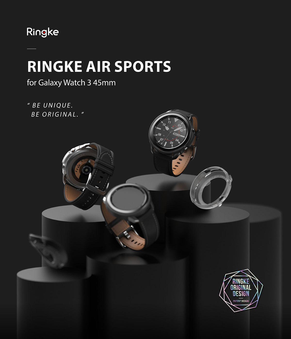 Galaxy Watch 3 45mm Case | Air Sports - Galaxy Watch 3 45mm with protective cases displayed on black cylindrical pedestals.