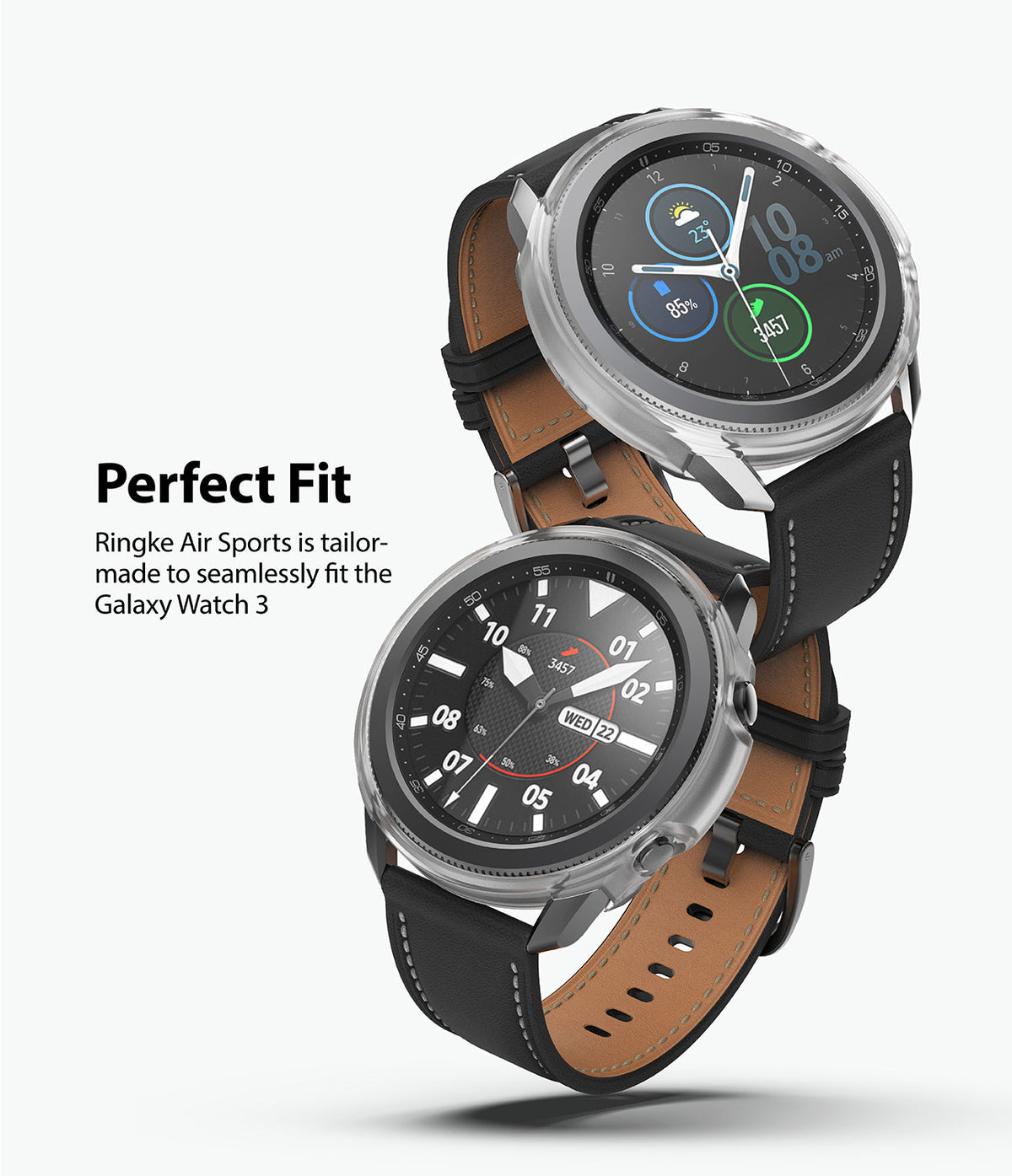 Galaxy Watch 3 45mm Case | Air Sports - Two Galaxy Watch 3 units with clear protective cases and black leather straps.