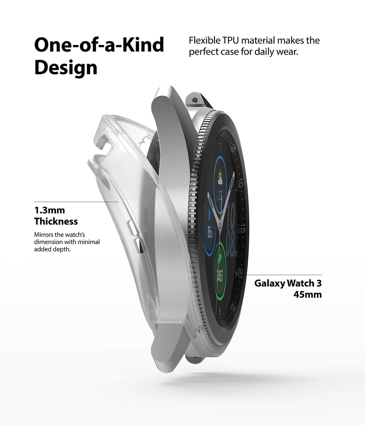 Galaxy Watch 3 45mm Case | Air Sports - Clear TPU protective case being placed onto a silver Galaxy Watch 3 45mm.
