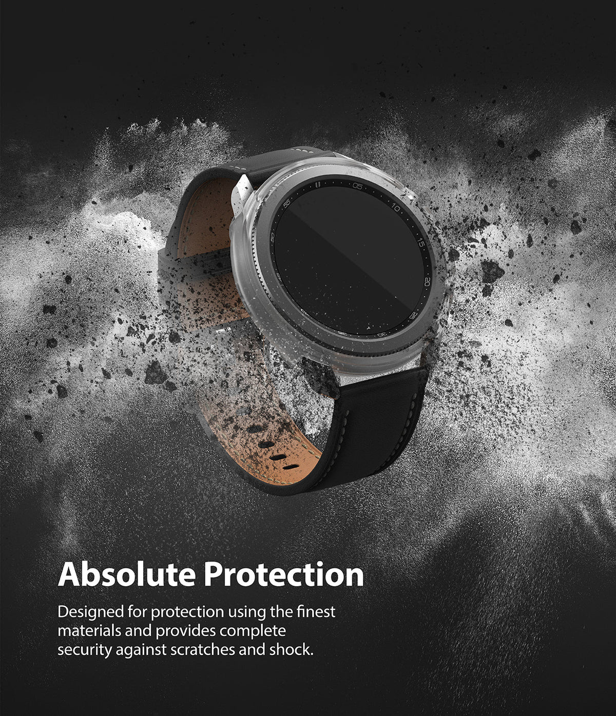Galaxy Watch 3 45mm Case | Air Sports - Clear protective case on a Galaxy Watch 3 amidst a dramatic black dust explosion.