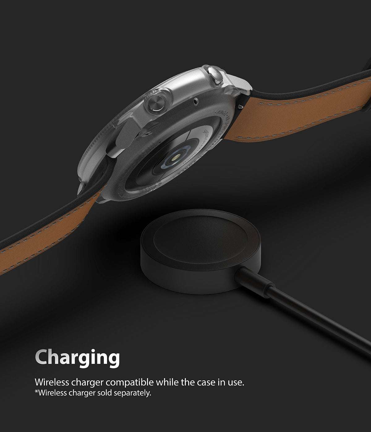 Galaxy Watch 3 45mm Case | Air Sports - A Galaxy Watch 3 with a clear protective case hovering above a wireless charger.