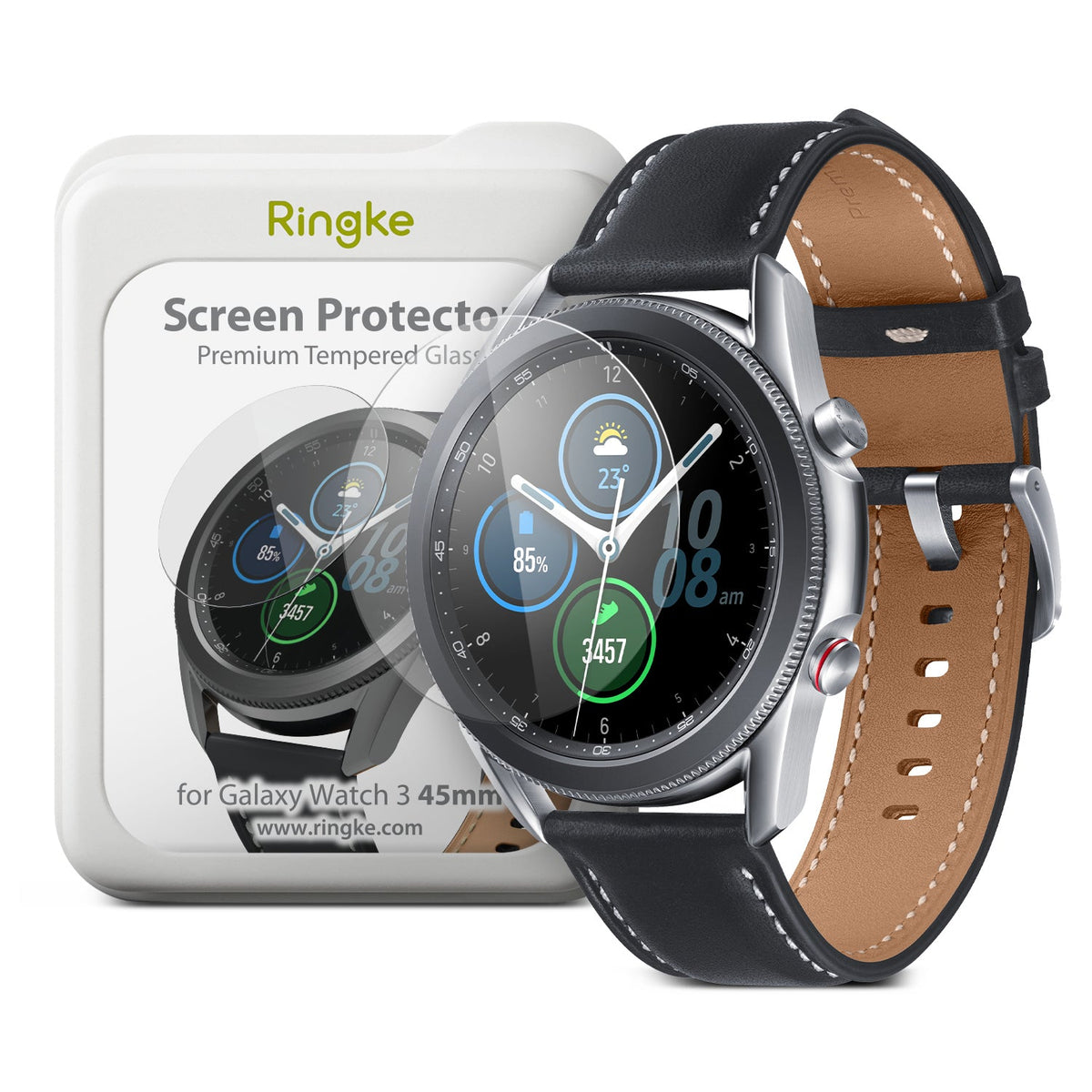 Galaxy Watch 3 45mm Screen Protector | Glass - Tempered glass screen protector hovering over a Galaxy Watch 3.