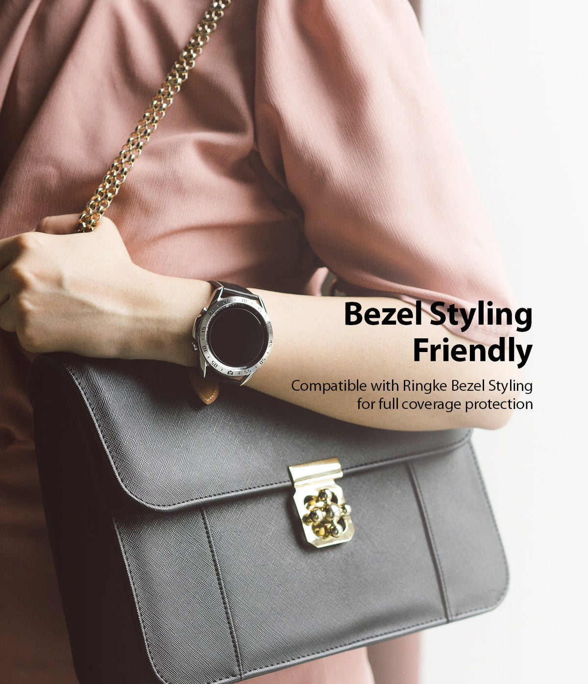 Galaxy Watch 3 45mm Screen Protector | Glass - Woman wearing a Galaxy Watch 3 with a glass screen protector and black handbag.