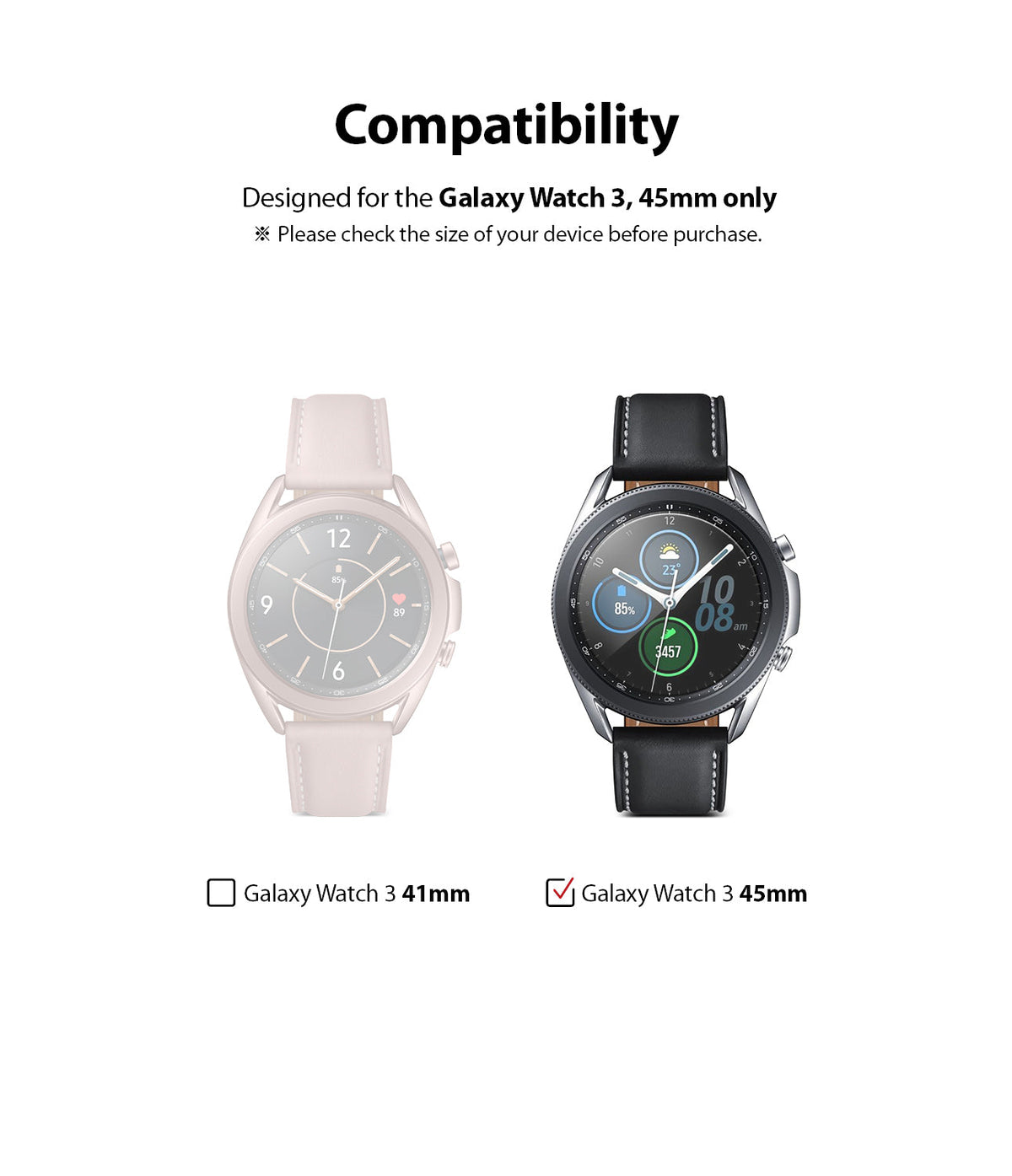 Galaxy Watch 3 45mm Screen Protector | Glass - Comparison showing 41mm watch faded and 45mm watch highlighted as compatible.