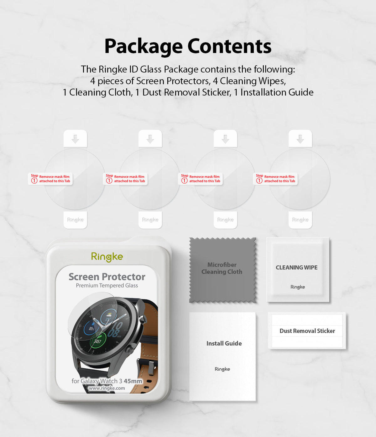 Galaxy Watch 3 45mm Screen Protector | Glass - Four circular screen protectors, cleaning wipes, cloth, and guide.