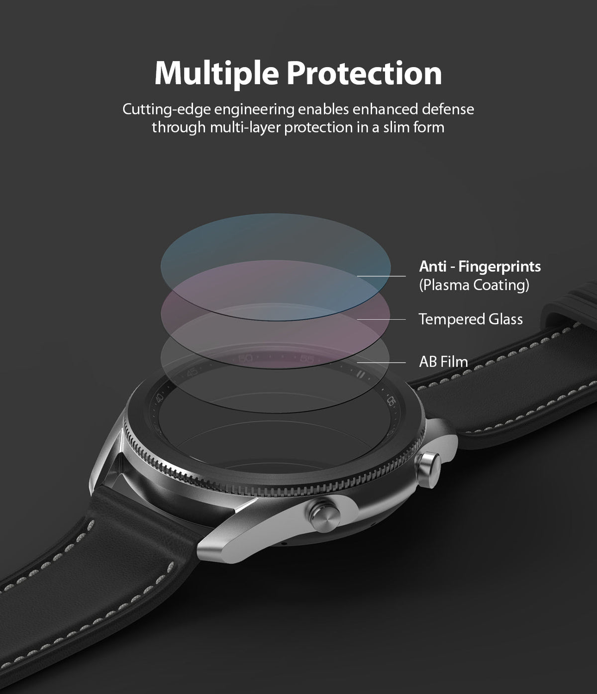 Galaxy Watch 3 45mm Screen Protector | Glass - Exploded view of watch screen layers: anti-fingerprint, glass, and AB film.