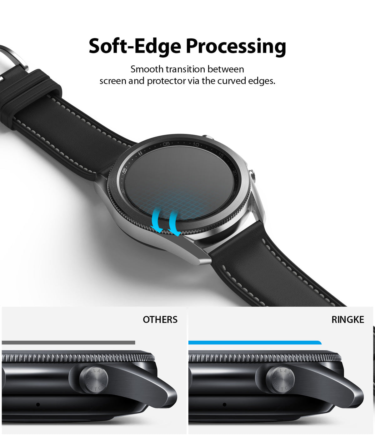 Galaxy Watch 3 45mm Screen Protector | Glass - Comparison showing smooth, curved edges of Ringke glass on a smartwatch.