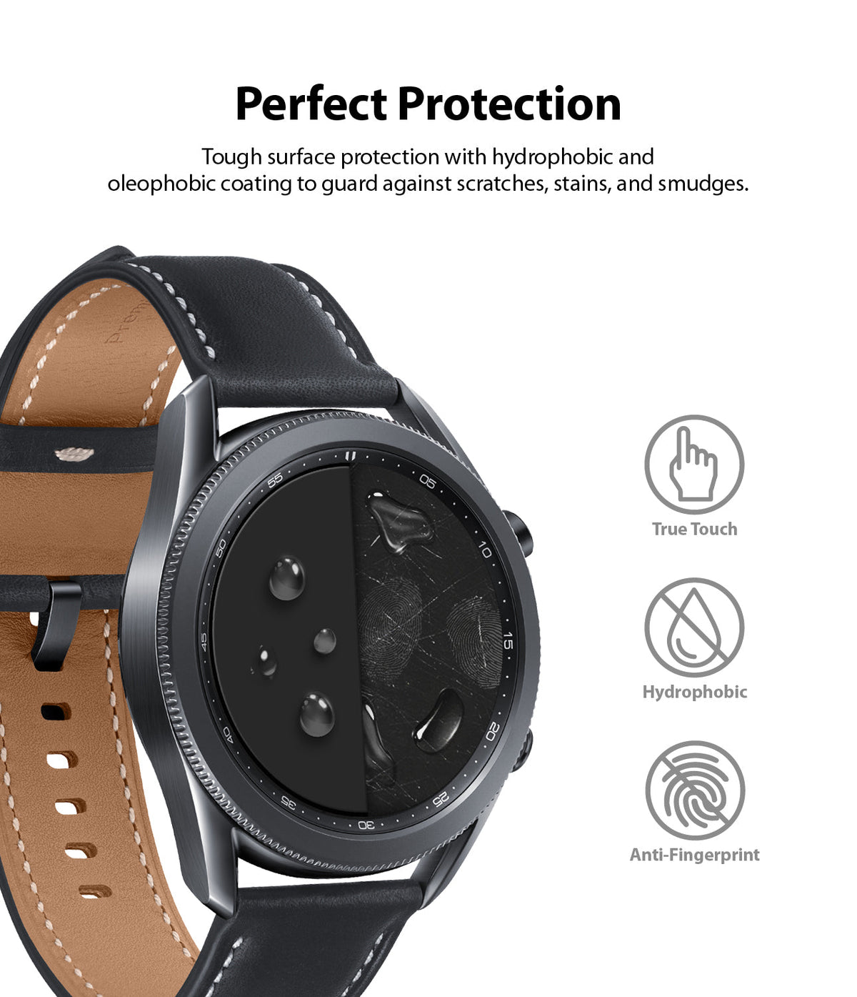 Galaxy Watch 3 45mm Screen Protector | Glass - Watch face showing water beading on one side and smudge resistance.