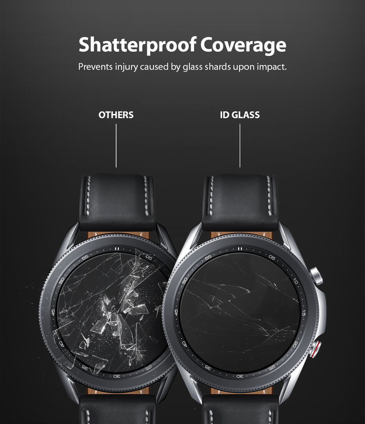 Galaxy Watch 3 45mm Screen Protector | Glass - Comparison showing shattered standard glass versus intact ID glass.