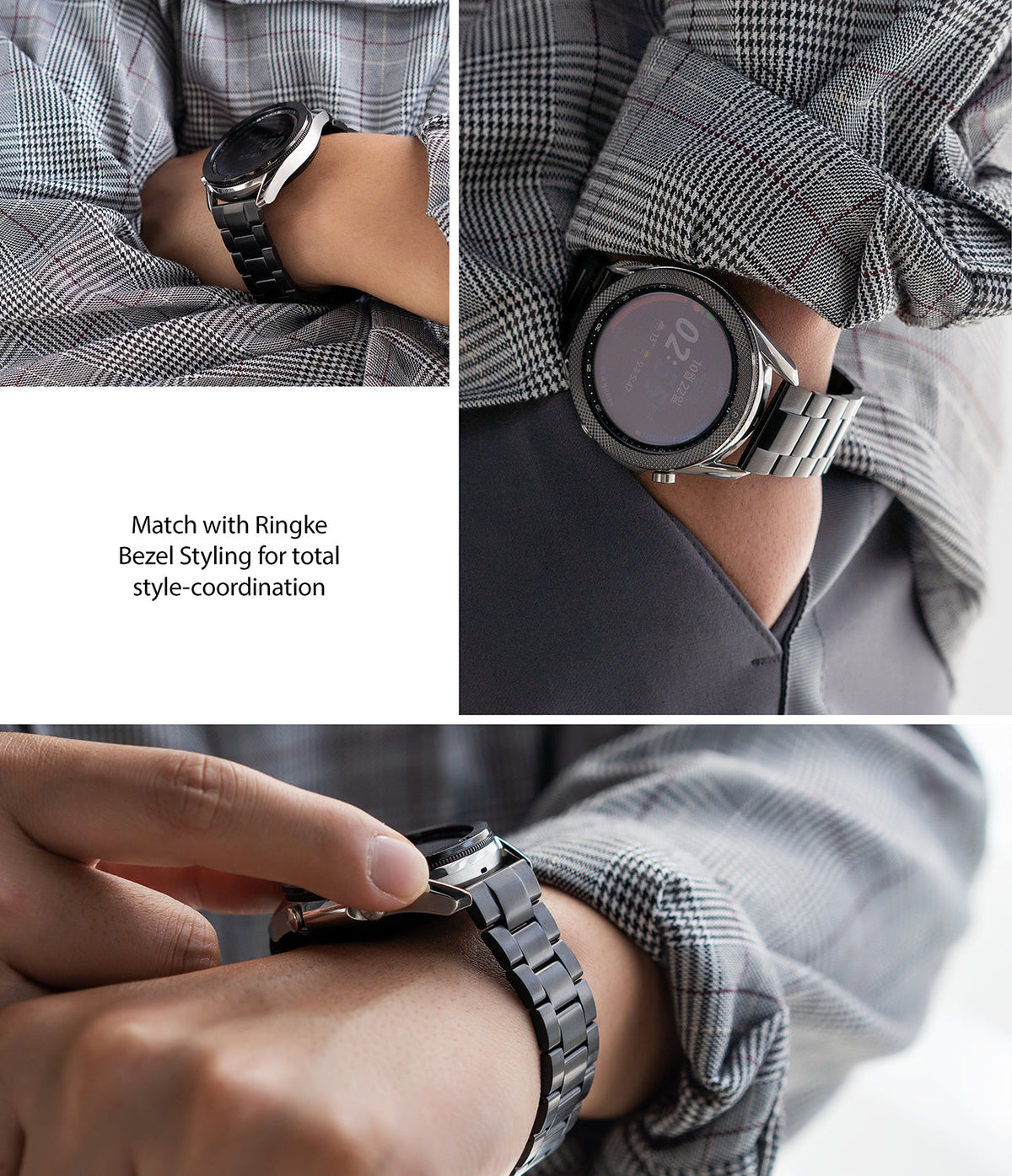 Watch Lug 20mm | Metal One Band - Smartwatch with black metal link band and silver bezel styling on a person's wrist.