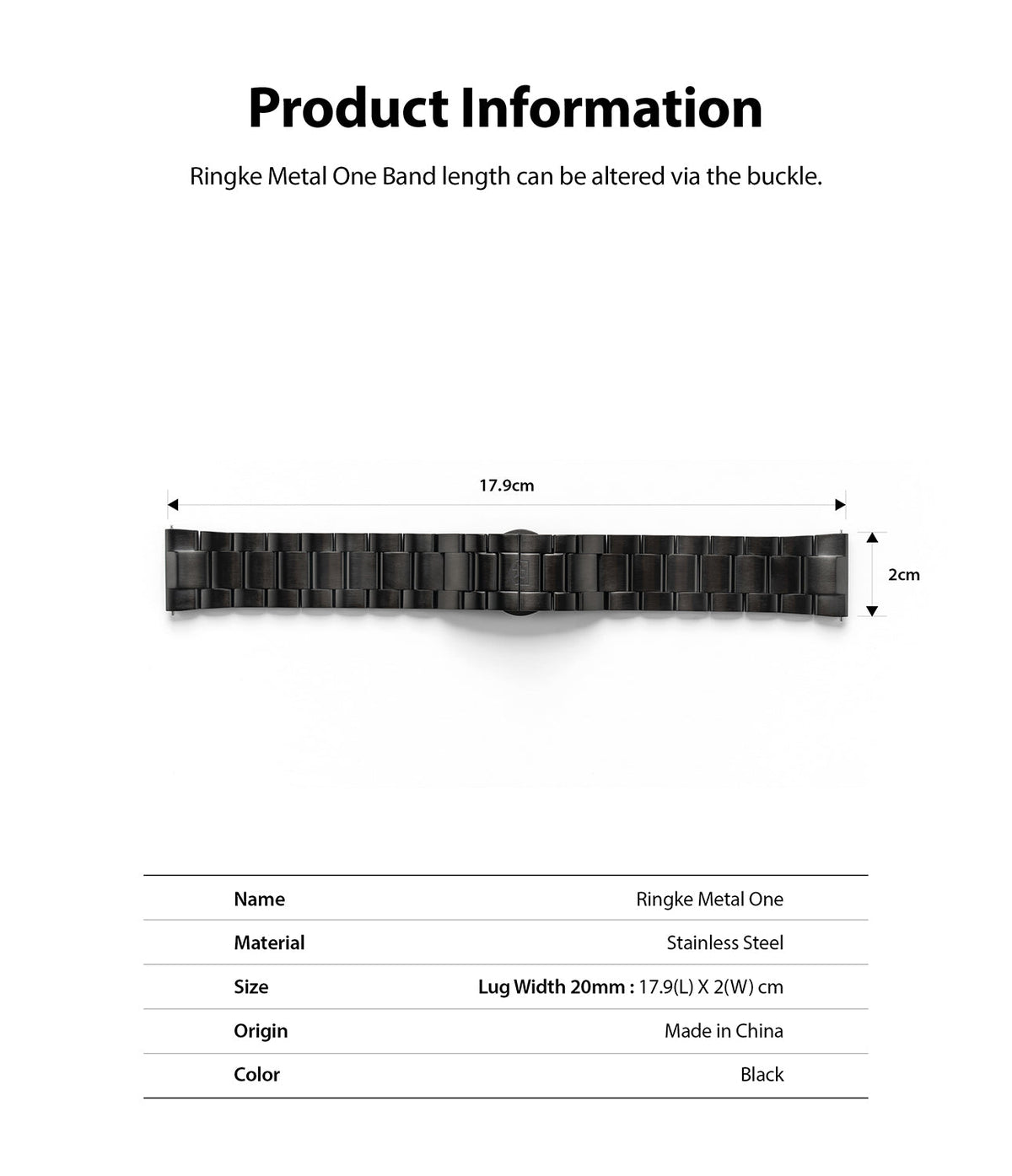 Watch Lug 20mm | Metal One Band - Black stainless steel watch band with 17.9cm length and 2cm width dimensions.