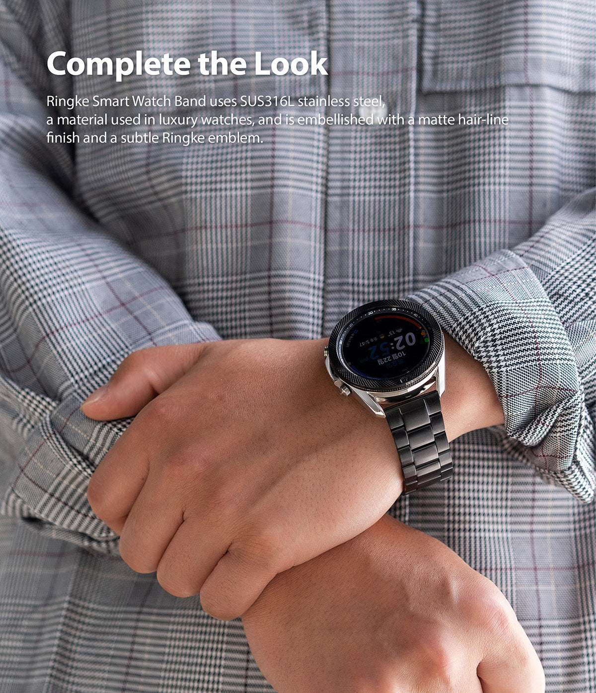Watch Lug 20mm | Metal One Band - A person wearing a black stainless steel watch band on a smartwatch with a plaid shirt.
