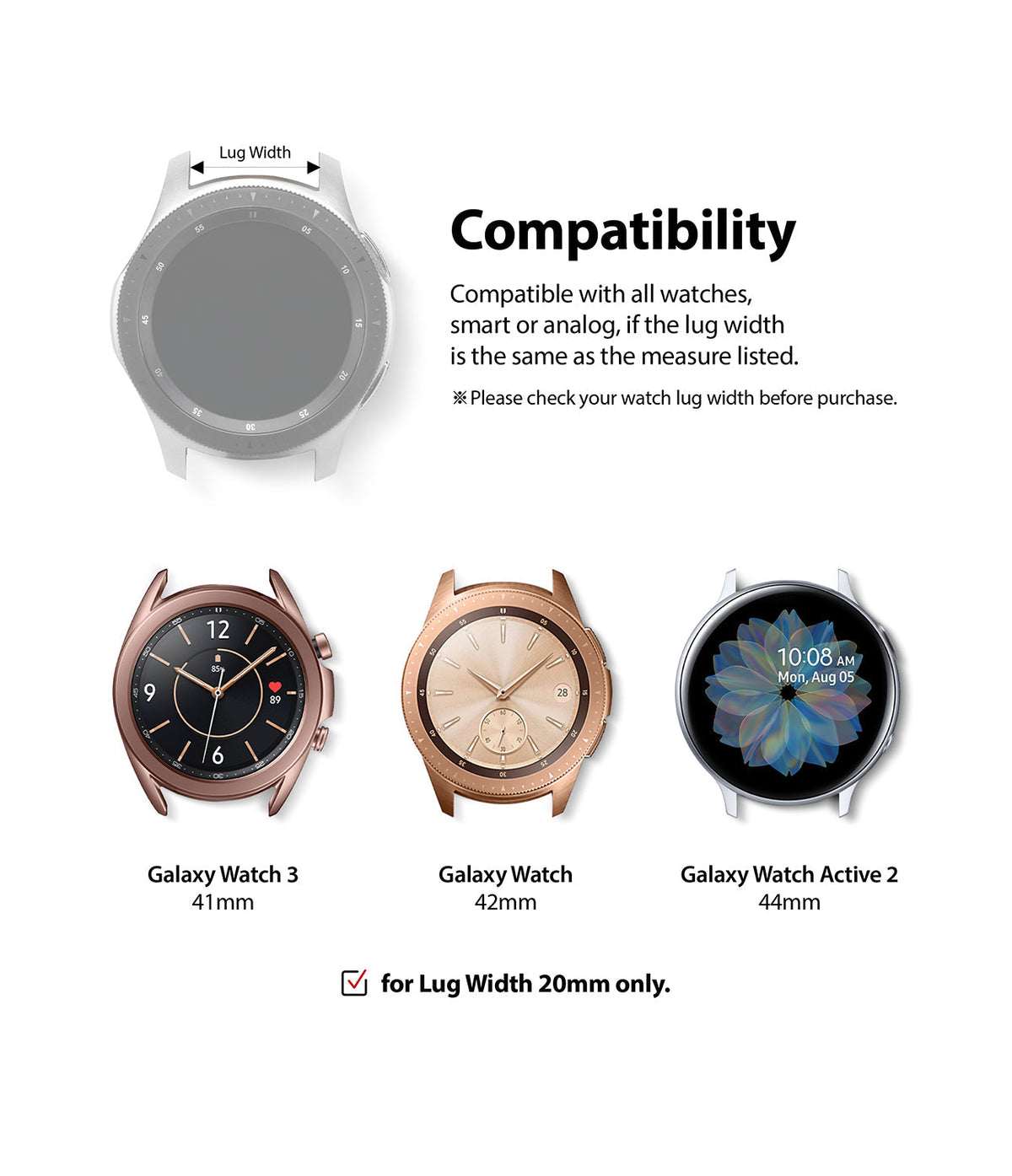 Watch Lug 20mm | Metal One Band - Diagram showing 20mm lug width compatibility for Galaxy Watch 3, Watch, and Active 2.