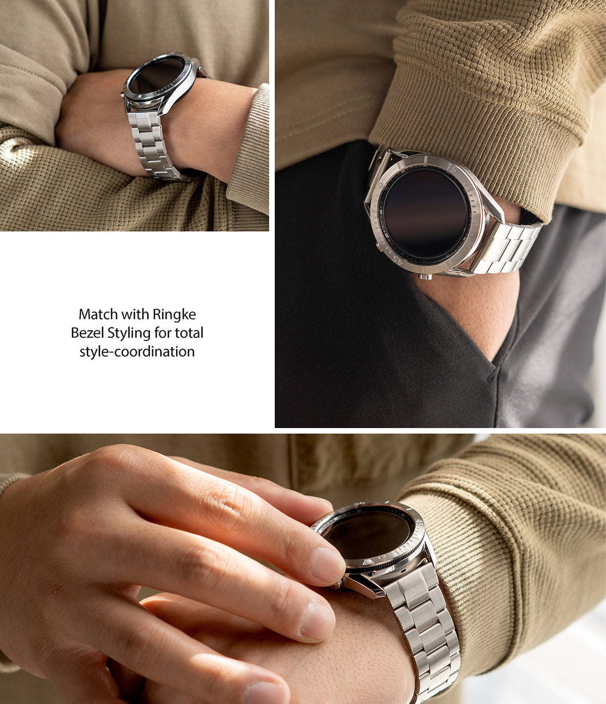 Watch Lug 20mm | Metal One Band - Silver metal watch band on a smartwatch worn with a tan sweater and black pants.